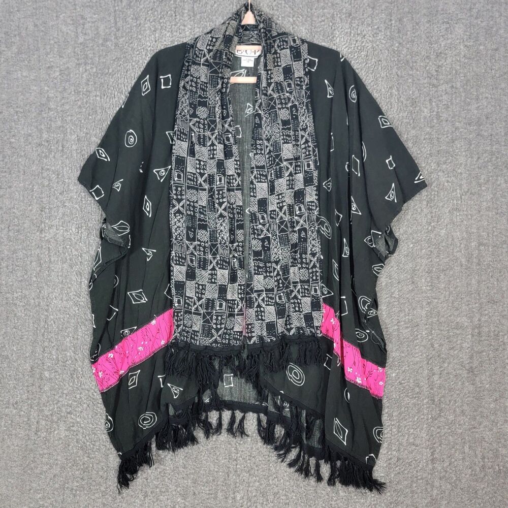 BOP Kimono Womens 1X Black Open Front Multi Print Fringed Boho Duster